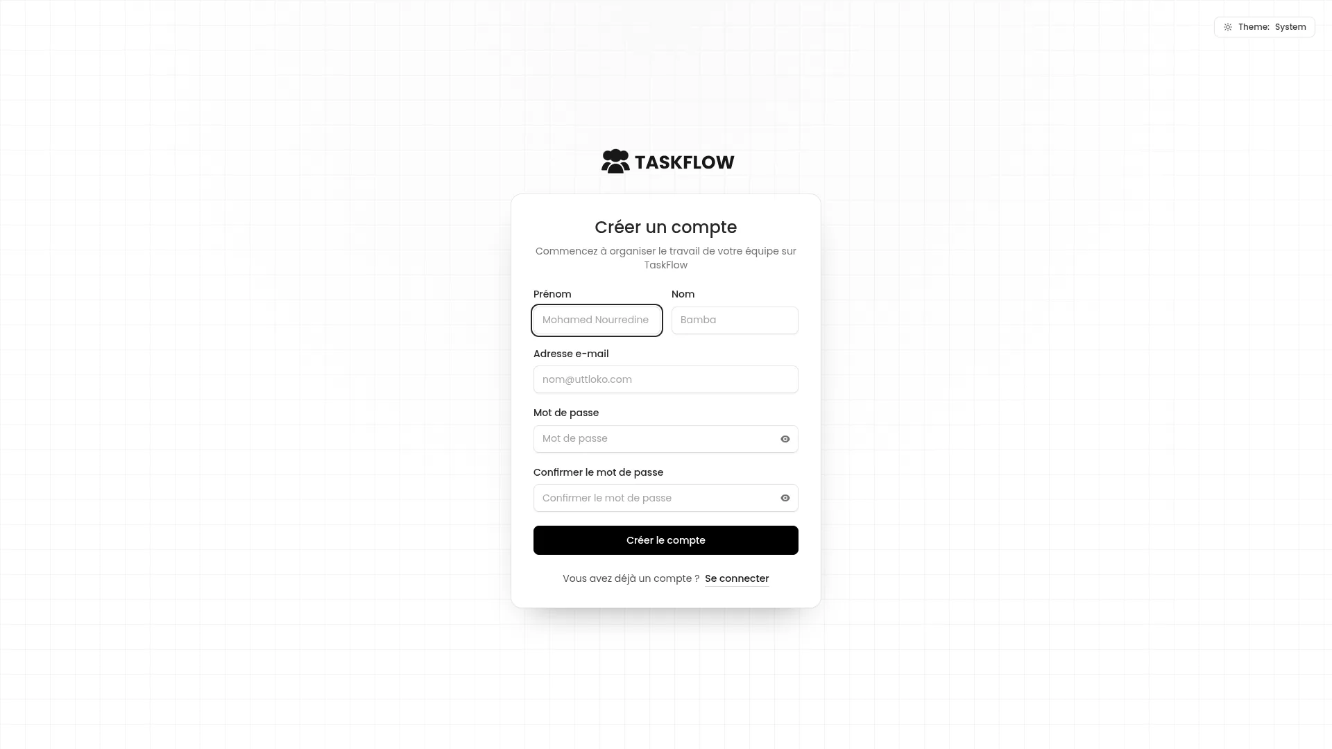 Page d inscription de TaskFlow