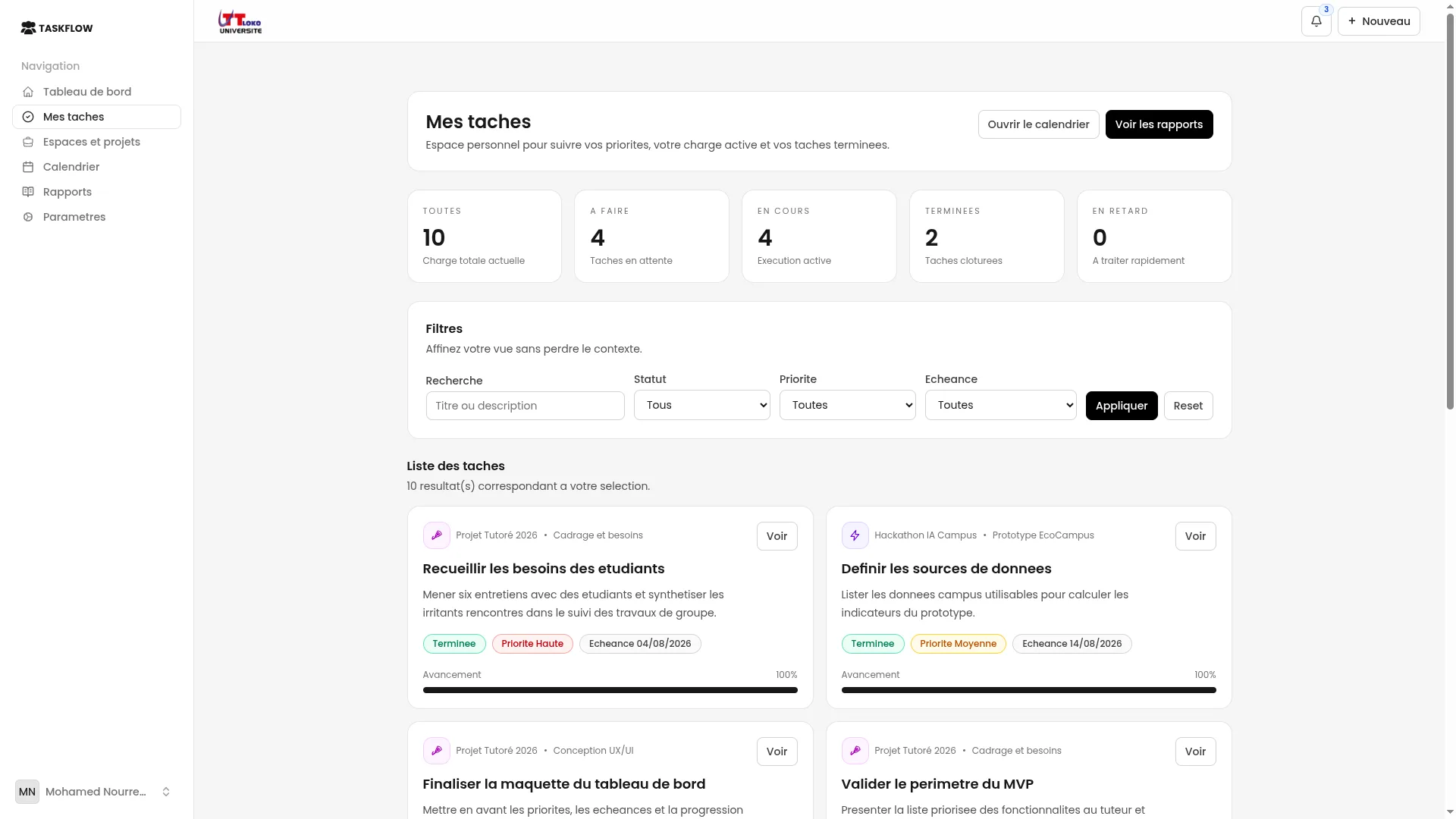 Vue Mes tâches de TaskFlow