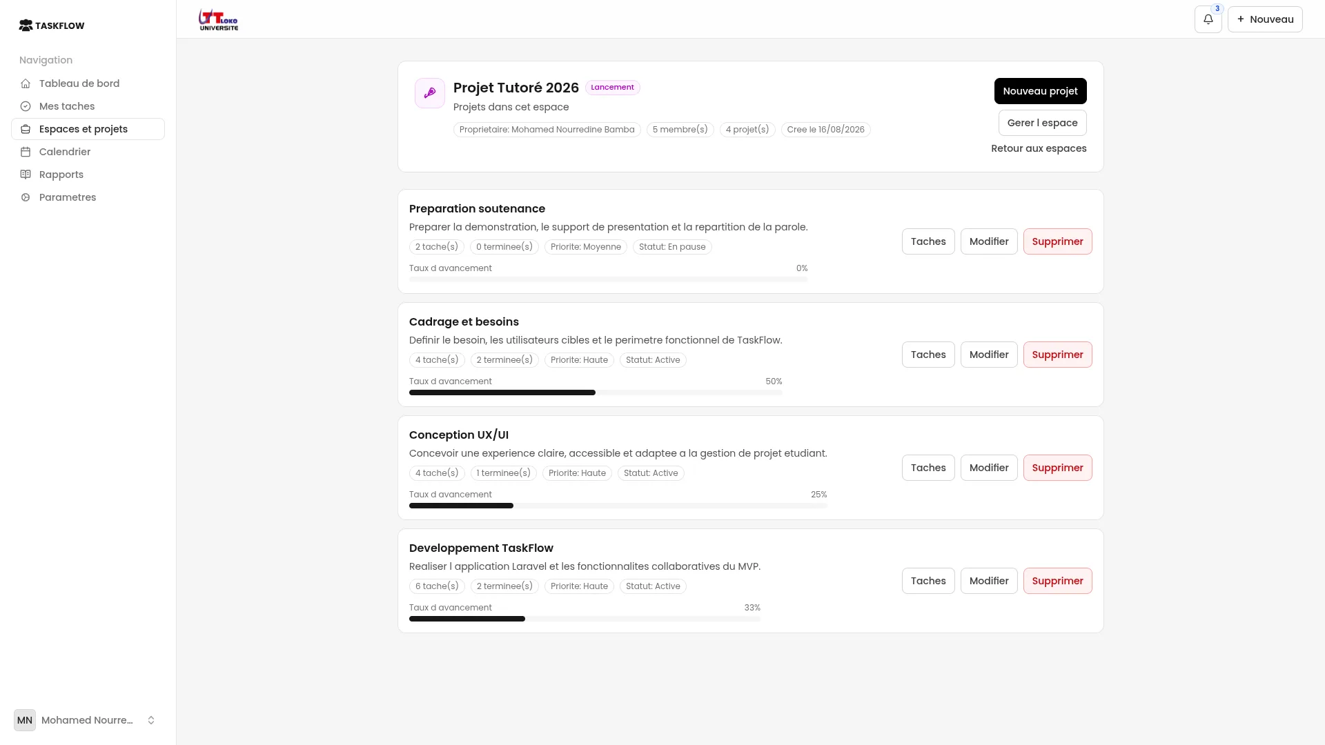Liste des projets de TaskFlow
