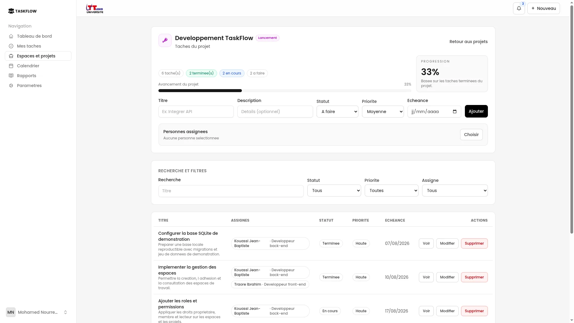 Tâches d’un projet TaskFlow