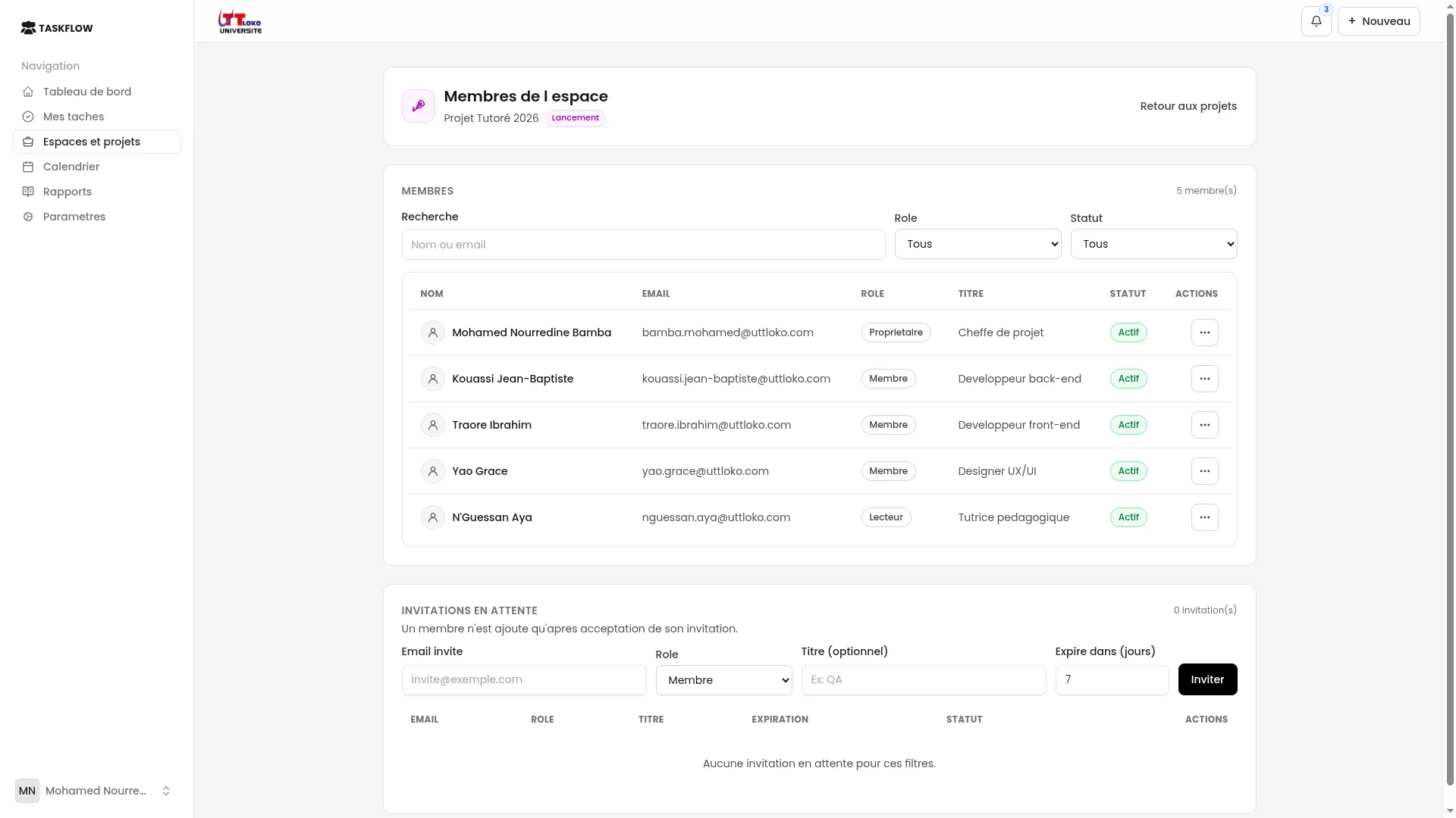 Gestion des membres de TaskFlow