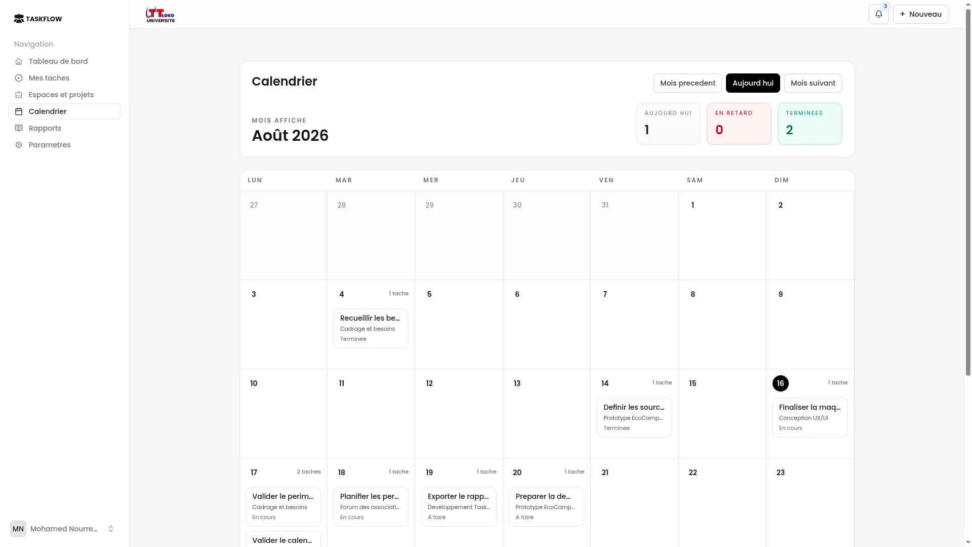 Calendrier de TaskFlow