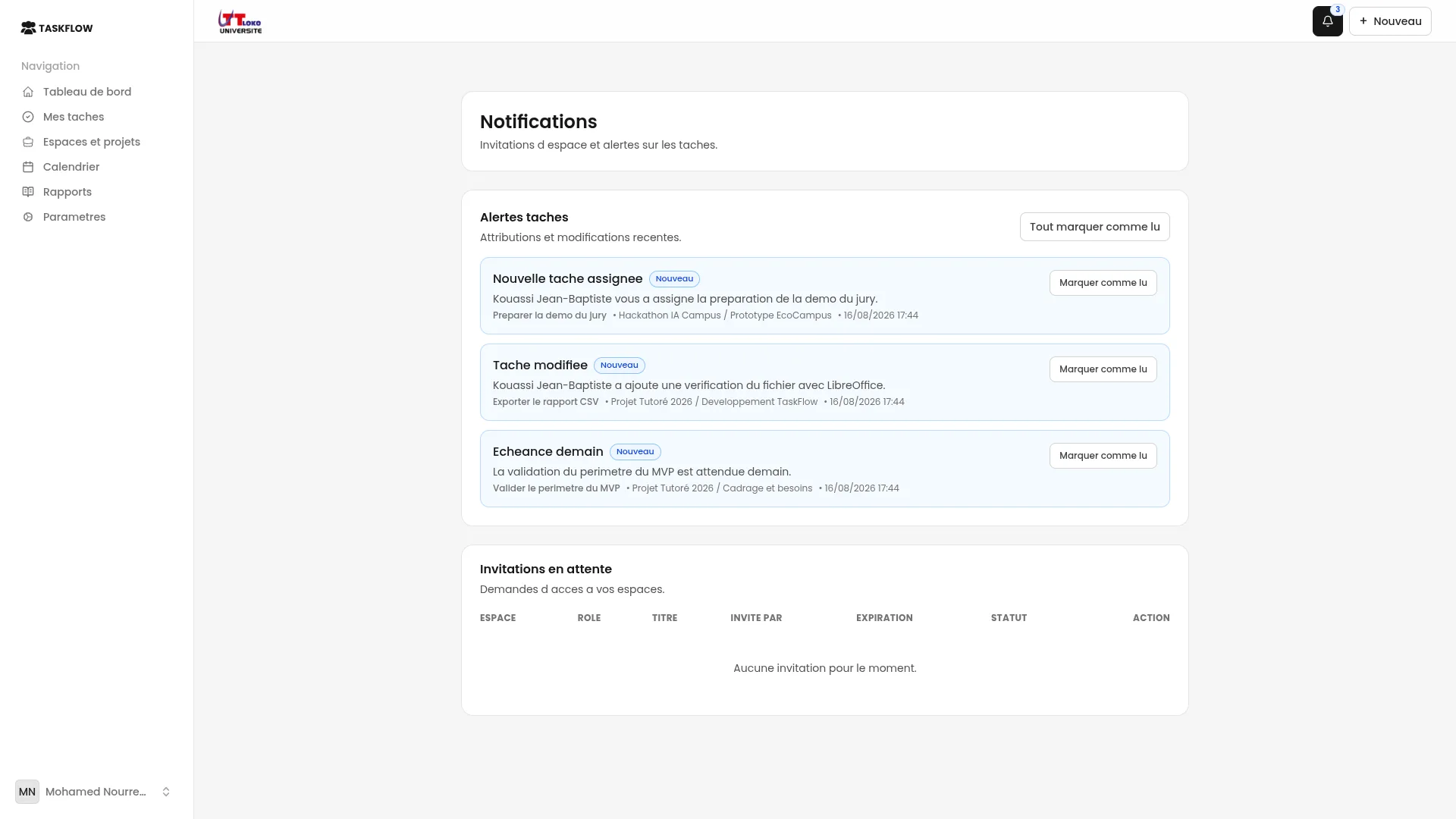 Centre de notifications de TaskFlow