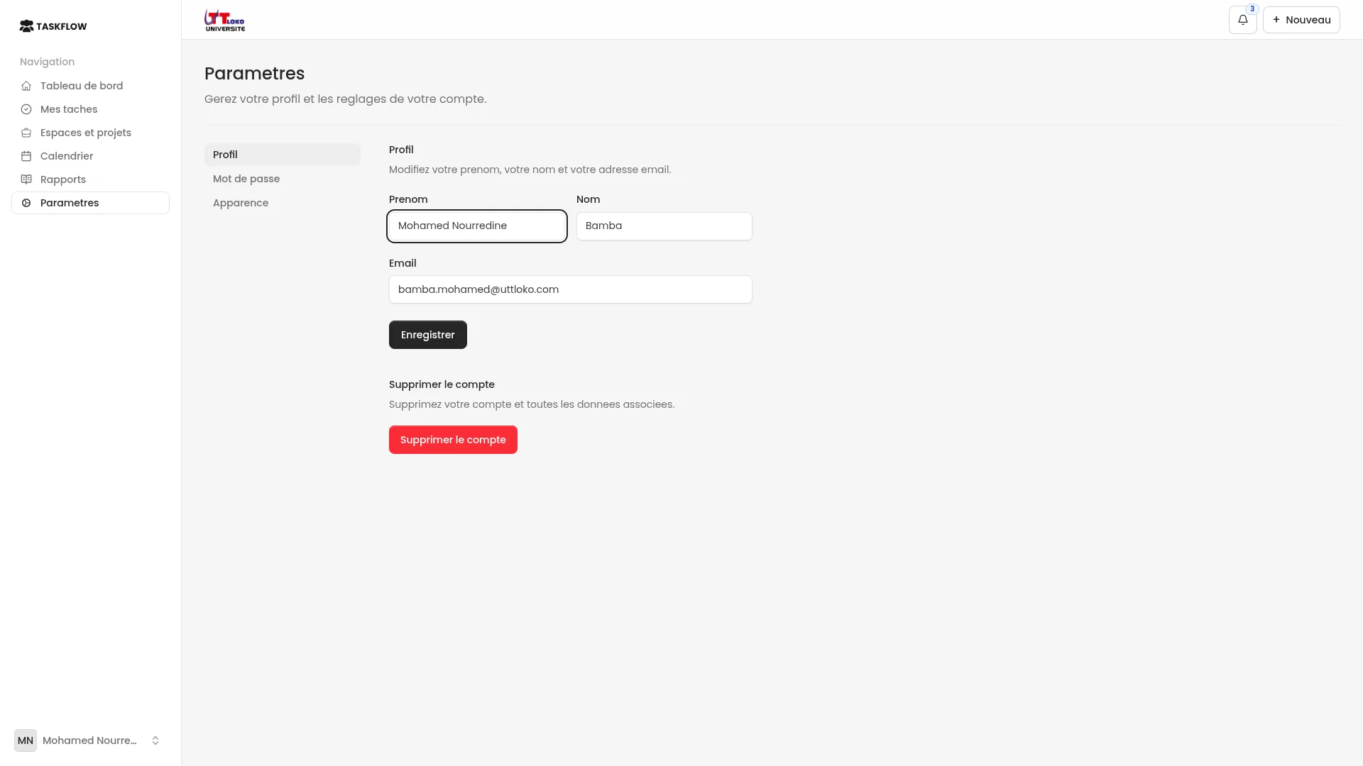 Parametres du profil TaskFlow