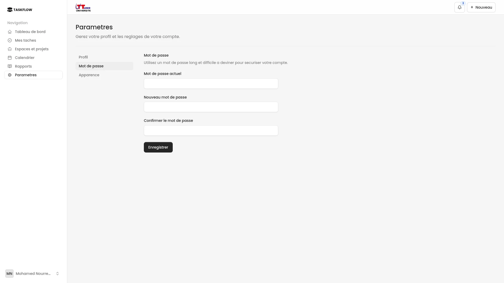 Parametres du mot de passe TaskFlow