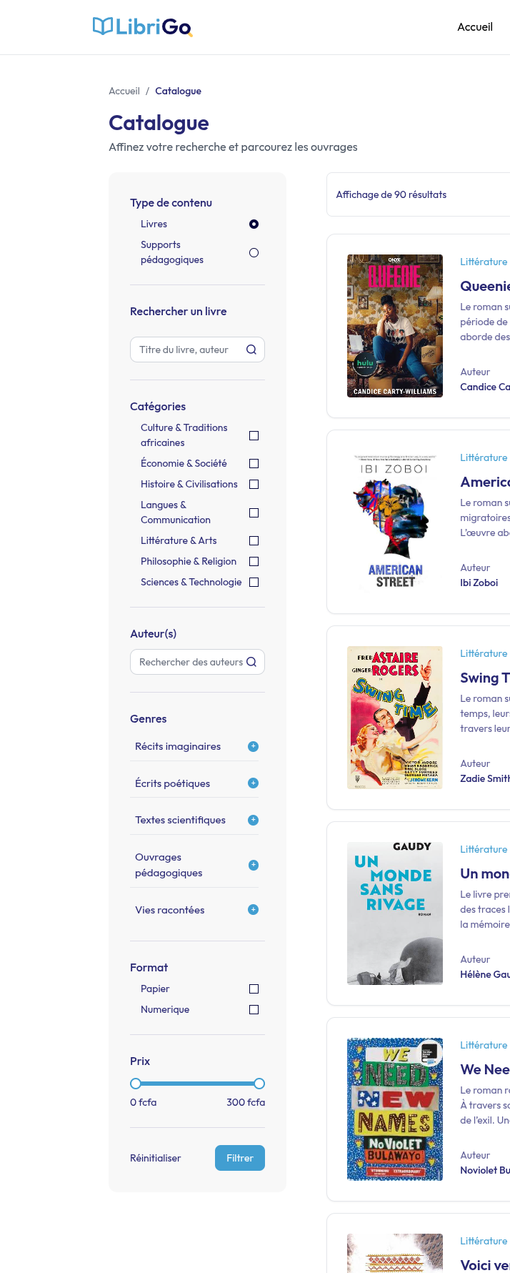 Catalogue et filtres de recherche LibriGo